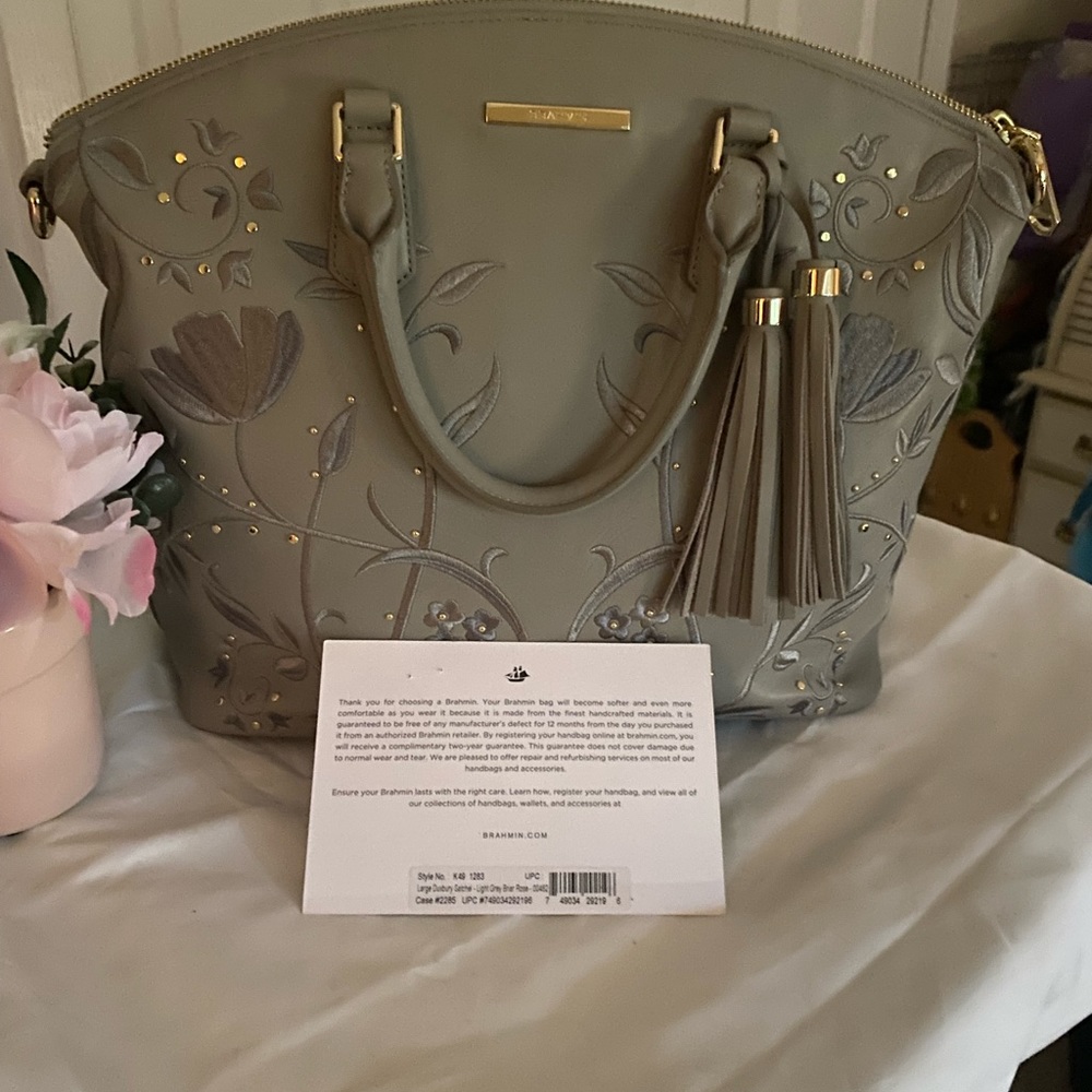 Beautiful Brahmin large Duxbury satchel light grey briar Rose with dust bag .
